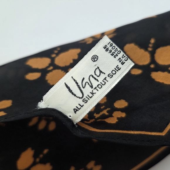 Vintage  100% Silk Rectangle Scarf by Usna Made in Japan Black Yellow Orange - Picture 4 of 6